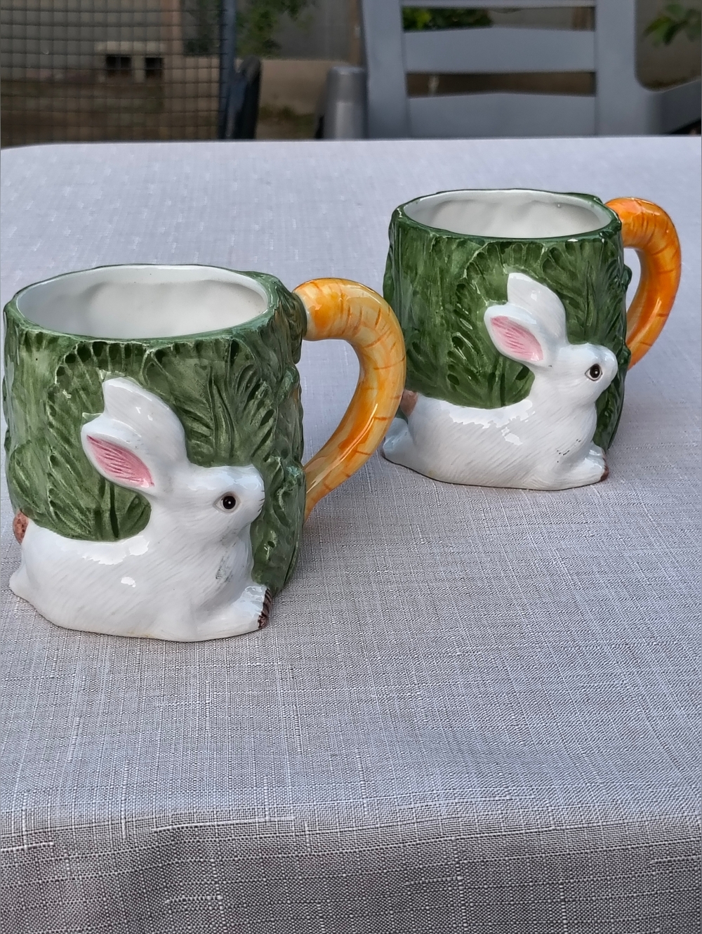 Pair of Vintage 1987 Omnibus Ceramic Bunny Rabbit Carrot Handle CoffeMugs- Japan